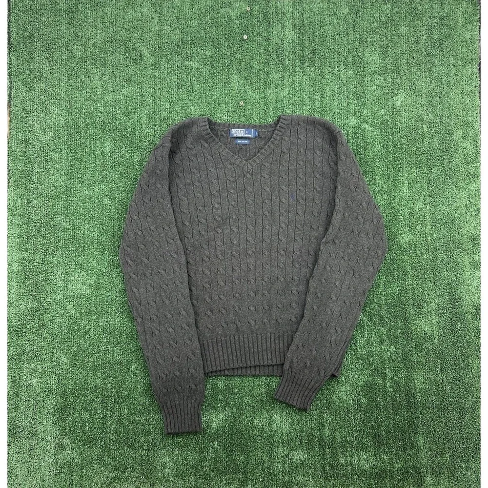 Vintage Polo Ralph Lauren Cable Knit Sweater Men L Grey V Neck Pony Cotton